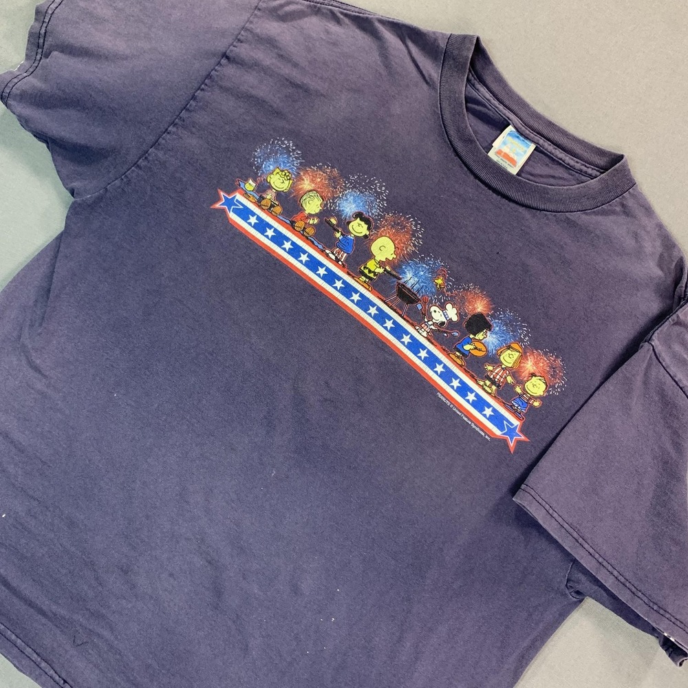 Peanuts Snoopy Shirt Mens XL Faded Blue VTG USA 90s Y2K 4th of July Tee Bleached